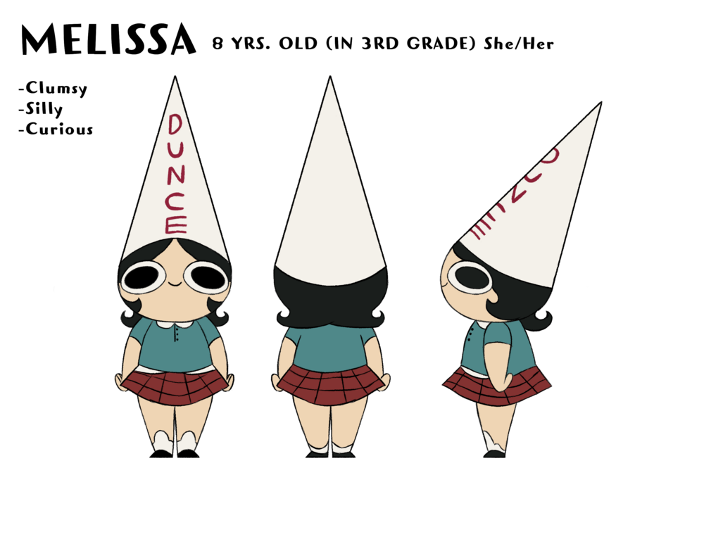 Turnaround sheet of a little girl named Melissa. She wears a school uniform with a large dunce cap on her head. Short in stature, she has big round eyes with a smile on her face. Three bulletin points read “Clumsy, silly, and curious”