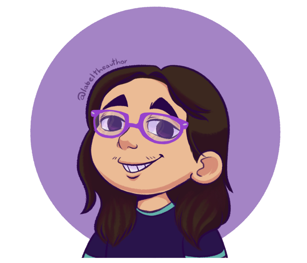 A cartoony caricature of a smiling Sarah from the chest, up with long brown hair and wearing purple glasses and a dark blue t-shirt with neon turquoise at the ends of it. The backdrop is a light purple circle. 