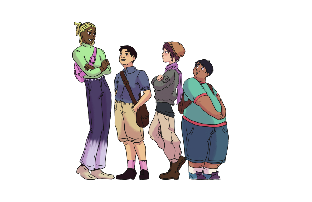 Four character designs lined up wearing an array of fashionable high school clothing.