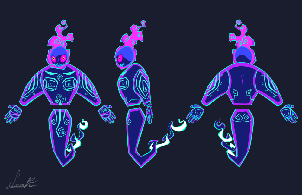 Turnaround sheet of a purple ghost with neon blue patterns tattooed all over the body. It has neon pink eyes and pink flames on its head. There’s a dark blue backdrop.