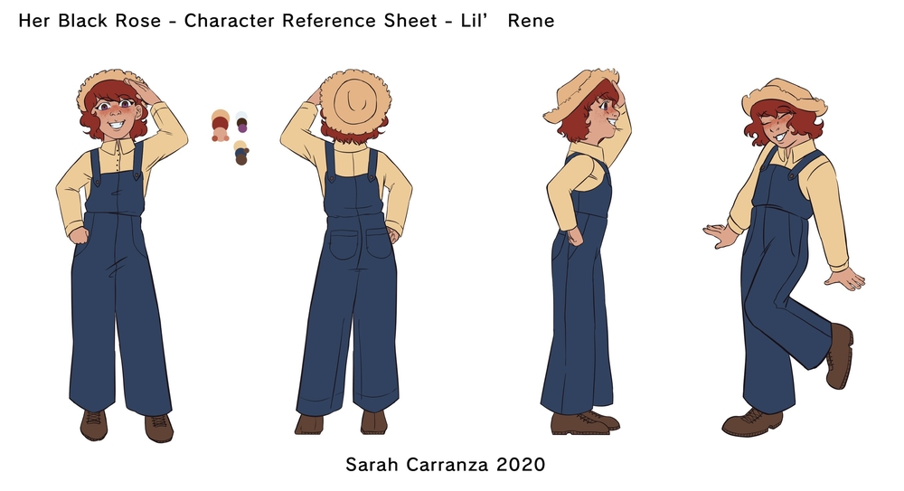 Turnaround sheet of a young girl. She has reddish hair, freckles, and a tooth gap in her smile. She wears a farmers hat, yellow long sleeve button up, blue overalls, and brown shoes. 