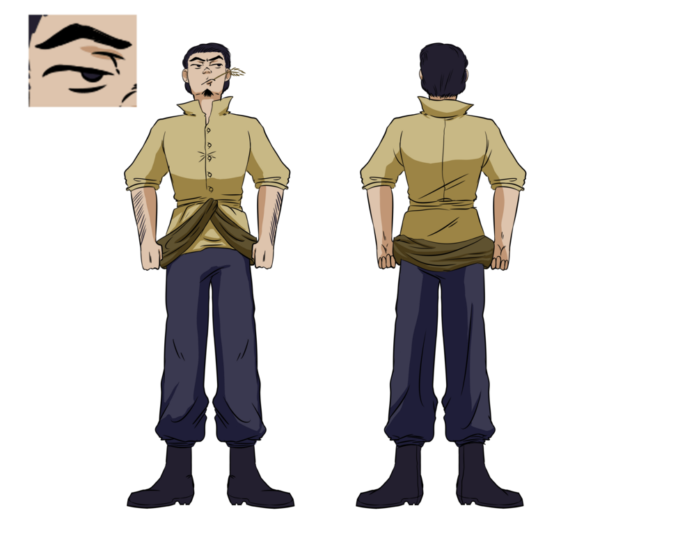 Character sheet of a miller. He has dark blue hair and is wearing a mustard yellow button up long sleeve, a brown garment around his waist, dark blue pants, and black boots. He has a piece of wheat in his mouth.