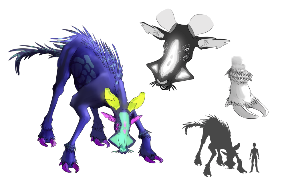 A large, deer looking creature with dark blue skin and light blue spots all around. It has quills on its back that stretch down to its long tail. The creature has translucent neon yellow horns, a glowing blue-green face, and four pink eyes with two on each side.