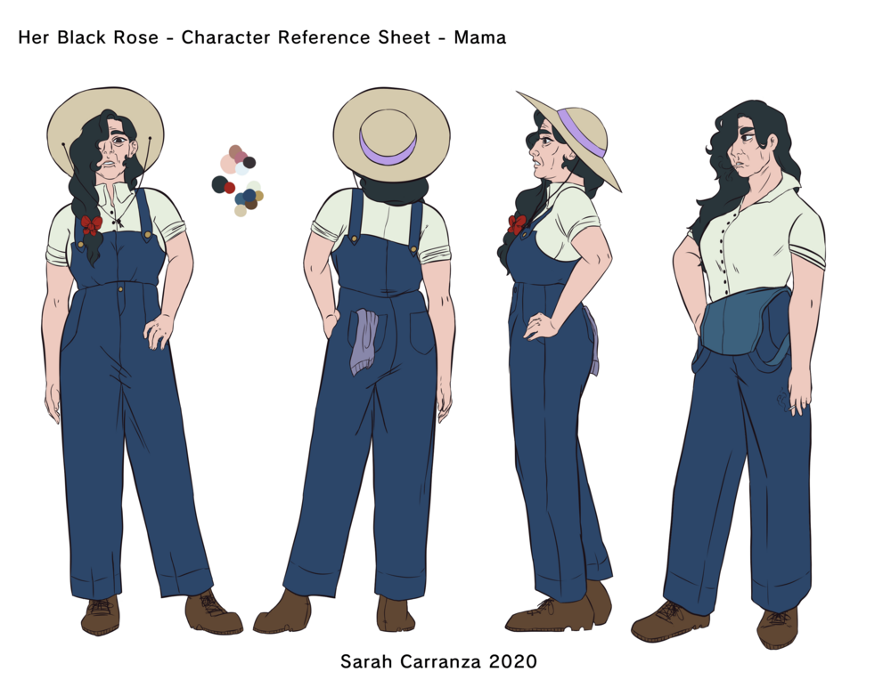 Turnaround sheet of a farmer woman with long black hair loosely tied in a side pony tail thats hung over her shoulder. She’s wearing a white button up shirt, blue overalls, and brown shoes.