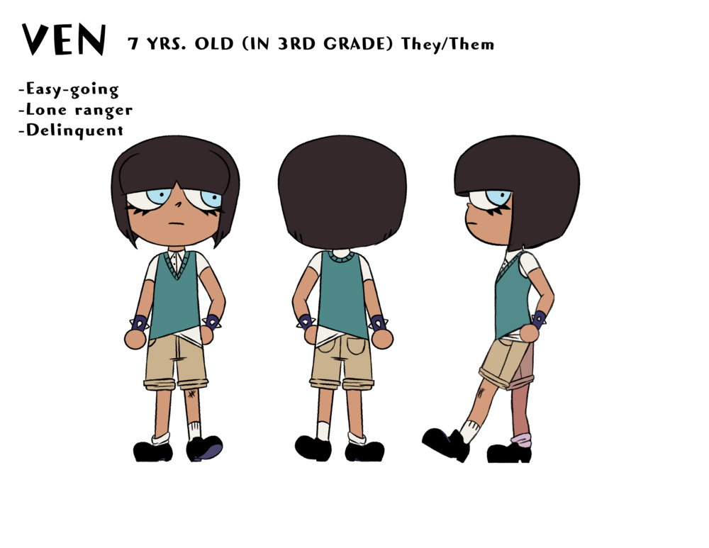 Turnaround sheet for Ven, a third grader. They wear a school uniform with a brown hair bowl cut and purple spiked bracelets. Three bulletin points read “Easy-going, Lone Ranger, and delinquent”