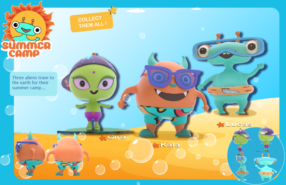 "Three aliens travel to the earth for their summer camp, they had a fun summer at the beach and made a lot of friends there.  It is a collectable vinyl toy line for kids ages 3+, encouraging them to learn the story, exploring the unknown world and stimulating their imagination. "
