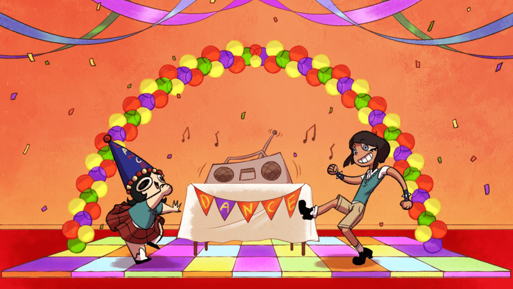 Melissa and Ven, two third graders, are dancing in Melissa’s fantasy where there is a colorful dance floor, streamers, an arch balloon, and a party table with a boom box playing music atop it.