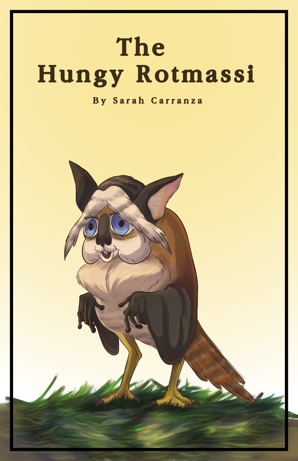 Text: The Hungy Rotmassi, by Sarah Carranza. The small creature standing, has large blue eyes, a koala nose, chipmunk cheeks, and large, bat-like ears. It has a puff of beige fur on its chest and its arms are those of a flying squirrel with extra saggy skin attached. The bottom half of its body is bird like with a bird tail and yellow bird feet. This creature is standing on a pile of grass. 