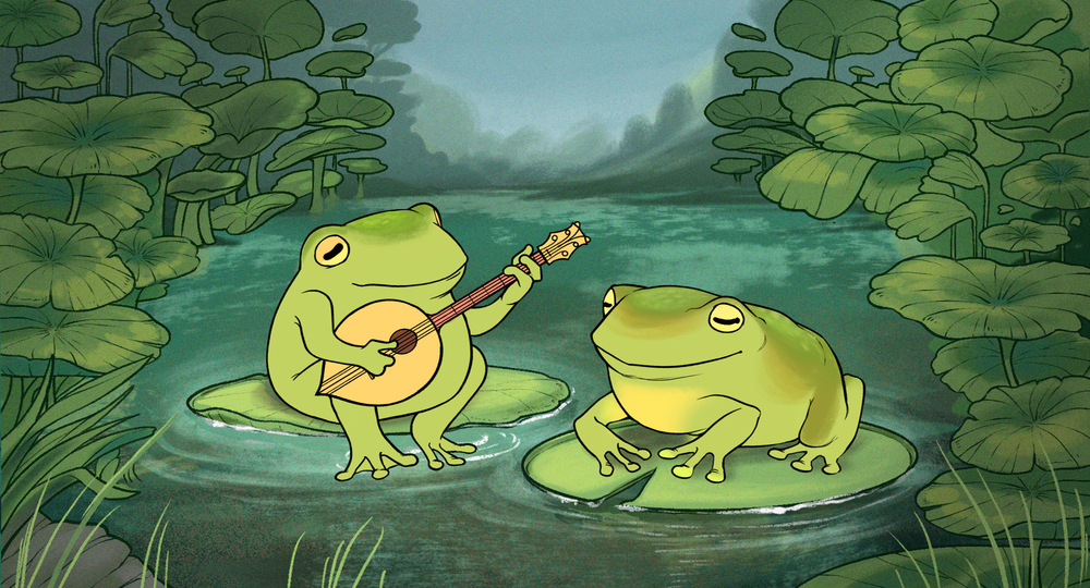 Two frogs singing on lilypads