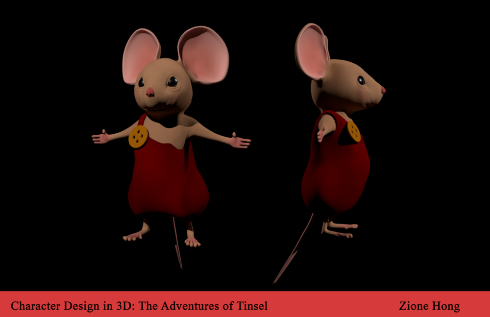 This project utilizes  Maya 3D. I emplimened  textures, fur, rigging of facial expression, and created the costume.  This  independent farm  mouse is very curious and brave.