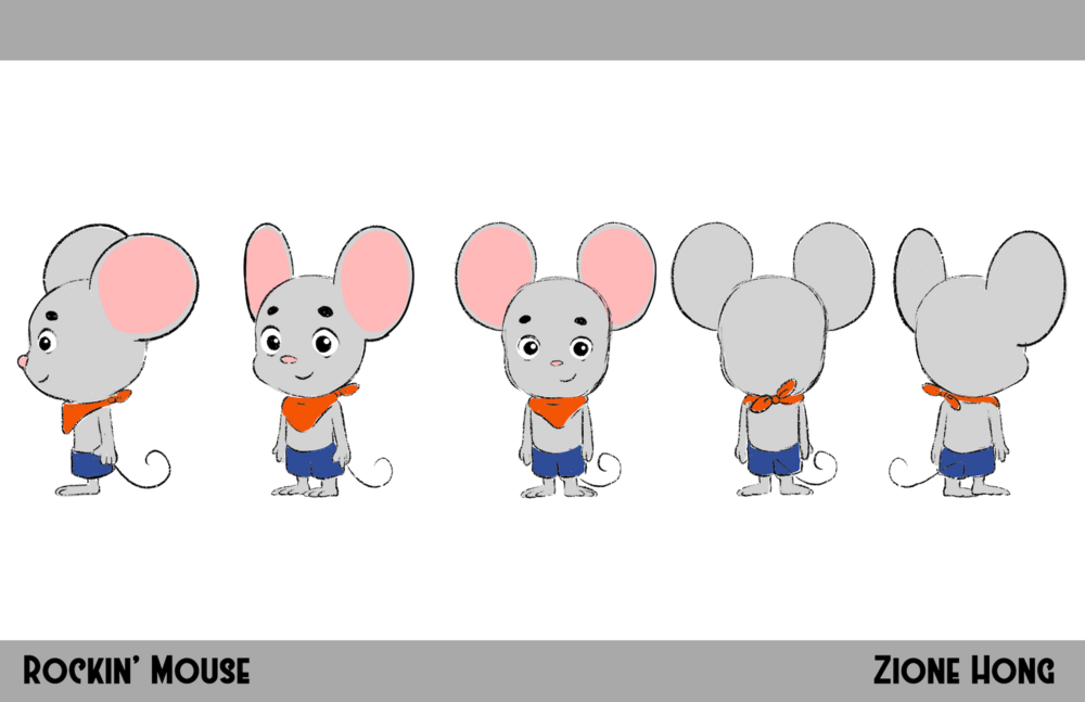 Character Turnaround Rockin Mouse is hip, open-minded, energetic  and loves to play his drums loud!