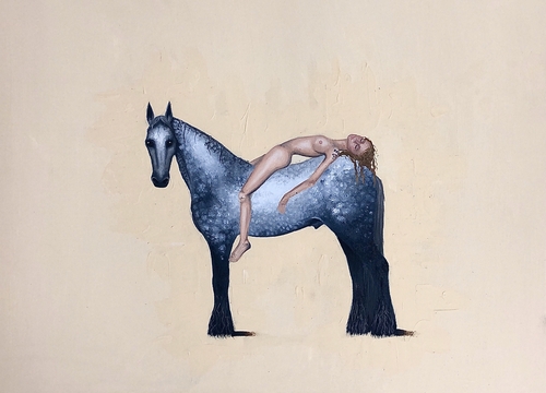 Painting of girl laying on grey horse's back 