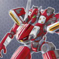 A red mech with a green eye looking to the left on a pale blue background 