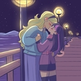 a blond and dark haired girl sharing a kiss on a pier in the night 