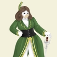 A drawing of a caucasian woman with curled hair and a peacock feather behind her right ear, and wearing a white half mask, a white undershirt, a long green and gold coat, a black corset, and white gloves, holding a rapier