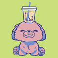 A stylized drawing of dog, Boba, with a boba drink on her head