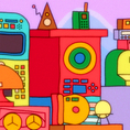 Groovy and cartoonish machines and gadgets stack on top of each other in a colorful clutter