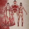 Three figures wearing a jacket and bodysuit that looks like they're made of skin.