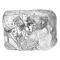 A pencil sketch of a character, specifically the creator of the sketchbook memoir. They are looking at a photo of their grandparents on their phone.
