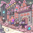 Characters walking through a colorful gothic town